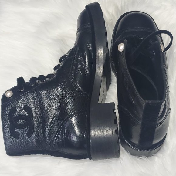 CHANEL Calfskin Pearl Combat Ankle Boots 41.5, Black - Picture 3 of 10